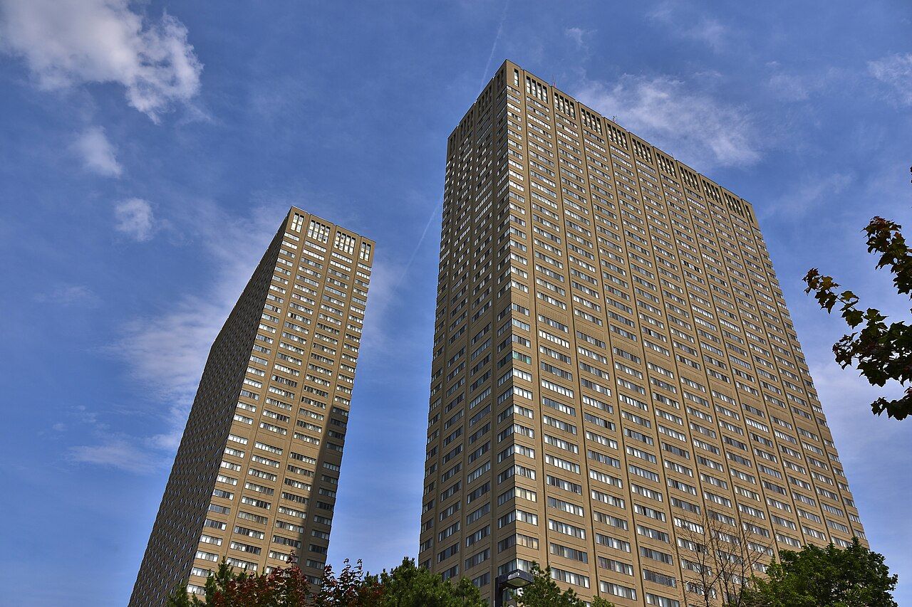 Two tall apartment towers in Leaside, Toronto